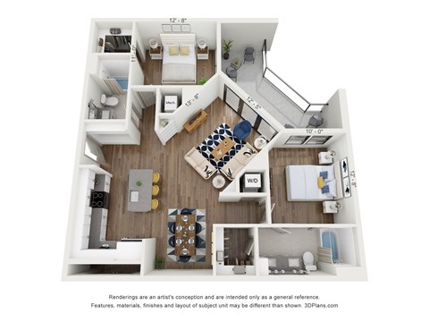 Floor plan for 2 beds, 2 baths, 983 sqft